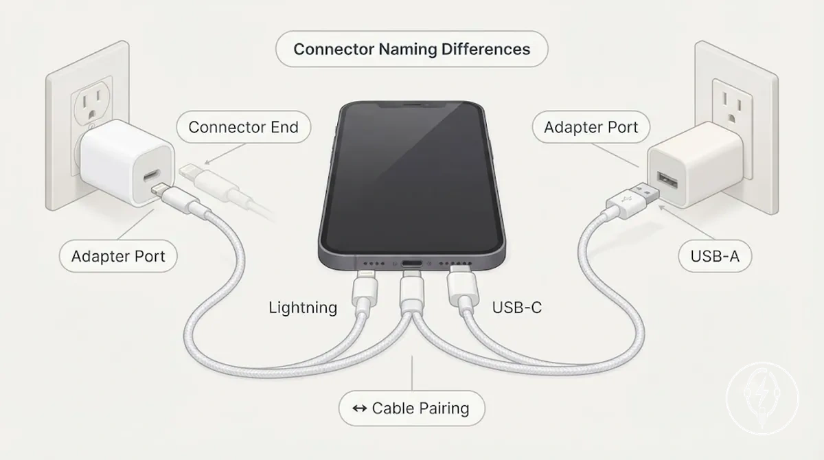 الاختلافات في تسمية موصلات USB-C وLightning وUSB-A لشحن iPhone