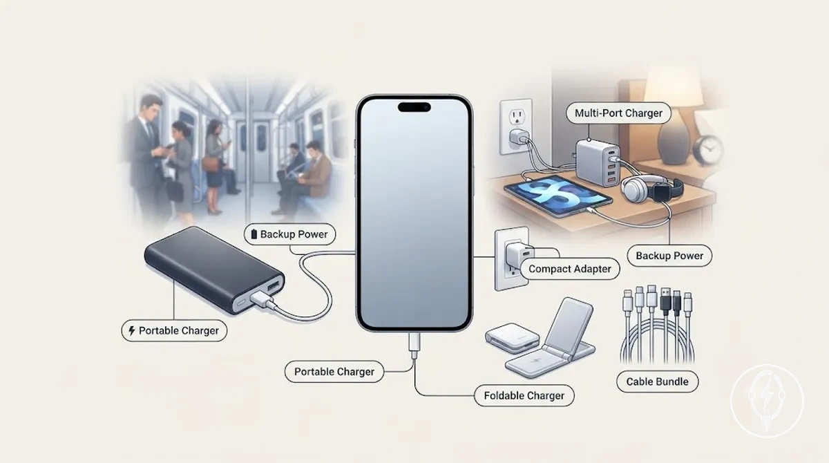 شاحن محمول ومحول مدمج وشاحن قابل للطي وحزمة كابلات وشاحن متعدد المنافذ لشحن iPhone أثناء السفر
