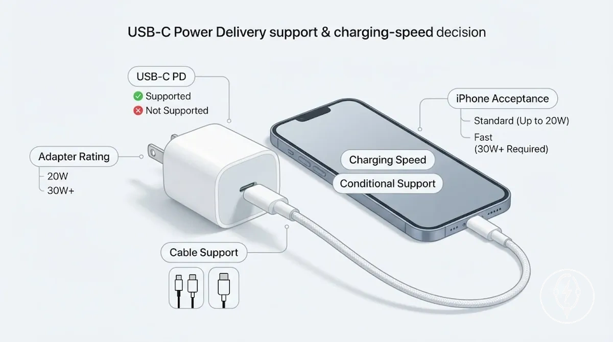 مثال توضيحي يظهر تقييم المحول ومنفذ USB-C والكابل وآيفون ودعم USB-C Power Delivery المشروط