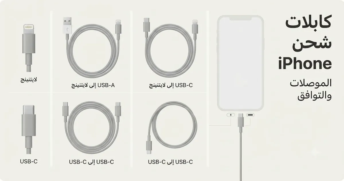 كابلات شحن iPhone وأطراف الموصلات مرتبة لمقارنة التوافق