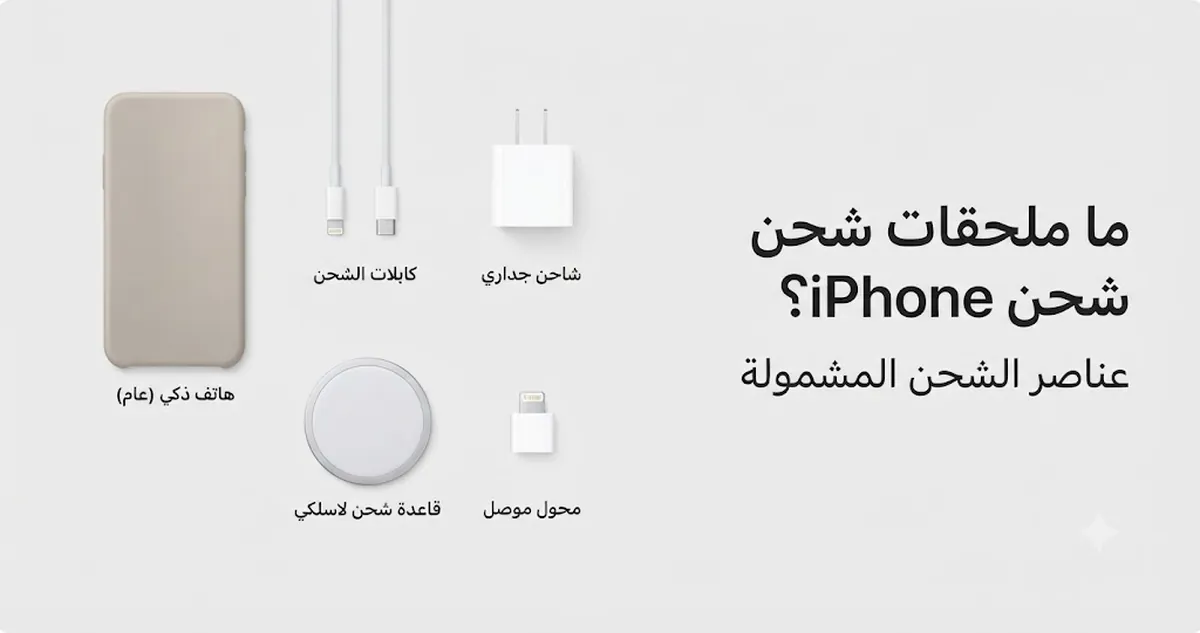 عناصر مختلفة تُعد من ملحقات شحن iPhone معروضة في صورة واحدة
