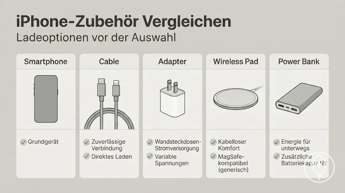 iPhone-Ladezubehör für den Vergleich vor dem Kauf angeordnet