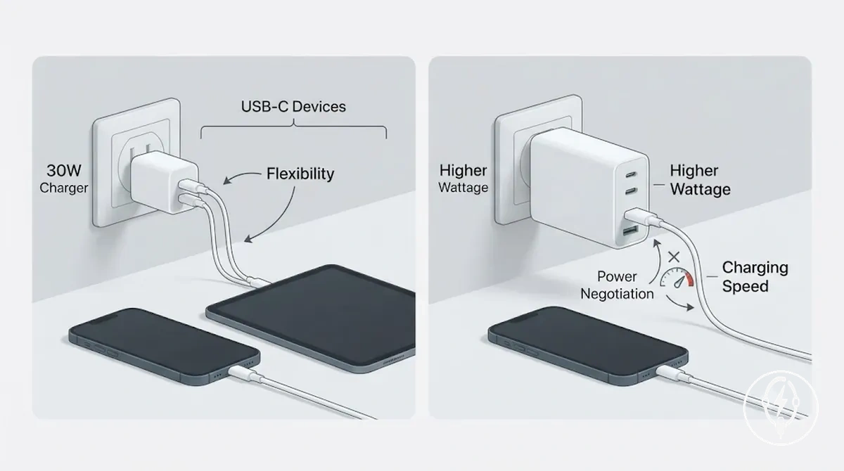 Vergleich von 30W- und Ladegeräten mit höherer Wattzahl für iPhone-Schnellladen und USB-C-Geräteflexibilität