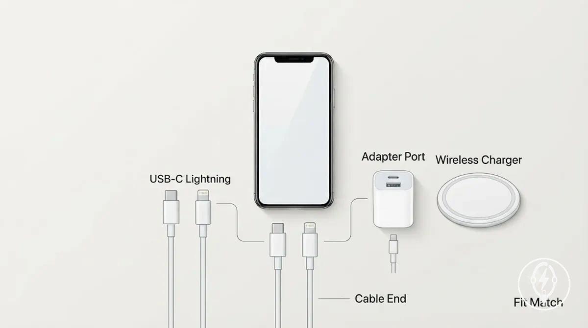 Überprüfung der Kompatibilität von iPhone-Modell, Anschlusstyp, Kabelende, Netzteilanschluss und kabellosem Ladegerät