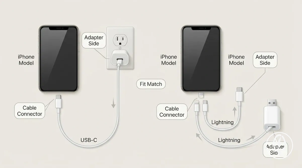 Beschriftete iPhone-Ladeanschlüsse und Kabelstecker für die Ladegerät-Kompatibilität