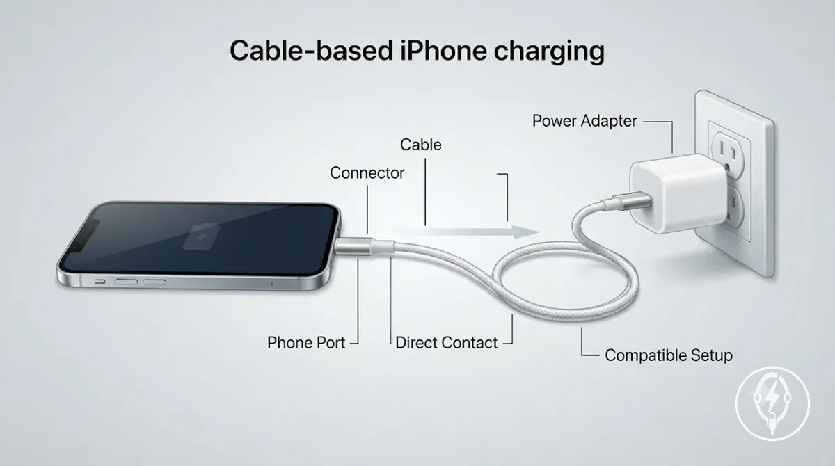 Kabelbasiertes iPhone-Laden mit beschriftetem Kabelstecker und Netzteil