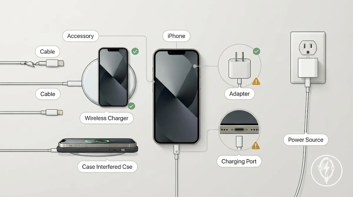 iPhone, das während der Ladediagnose mit einem Ladekabel, einem Netzteil und einem kabellosen Ladegerät verbunden ist