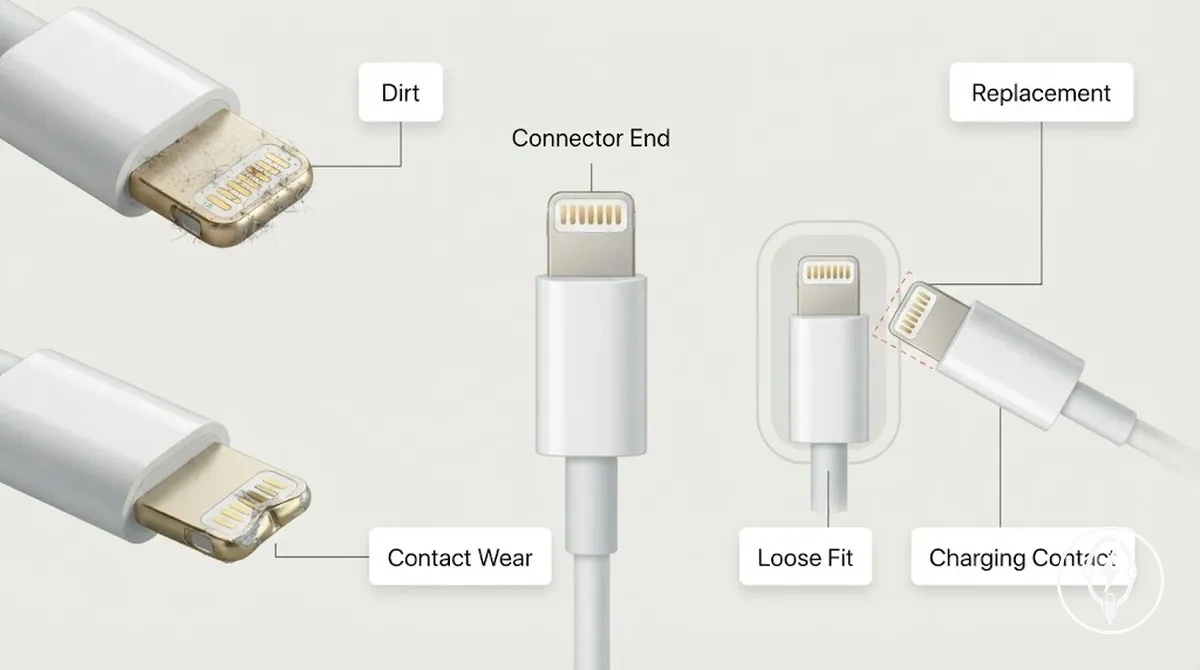 iPhone-Ladestecker mit Schmutz, Kontaktabnutzung und Anzeichen für lockeren Sitz