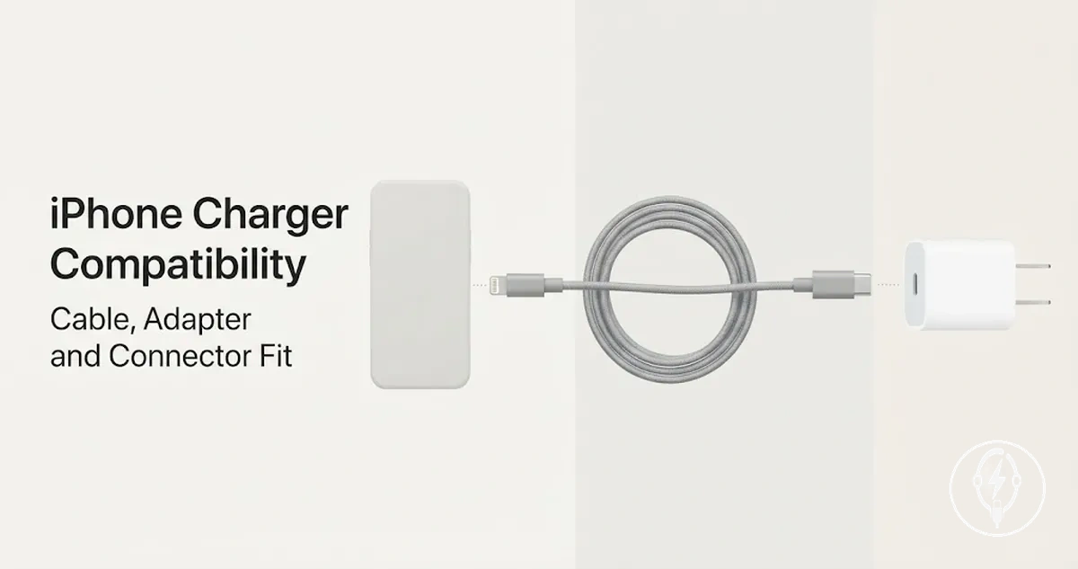Compatible iPhone charger, cable, adapter, and connector fit shown as a charging setup