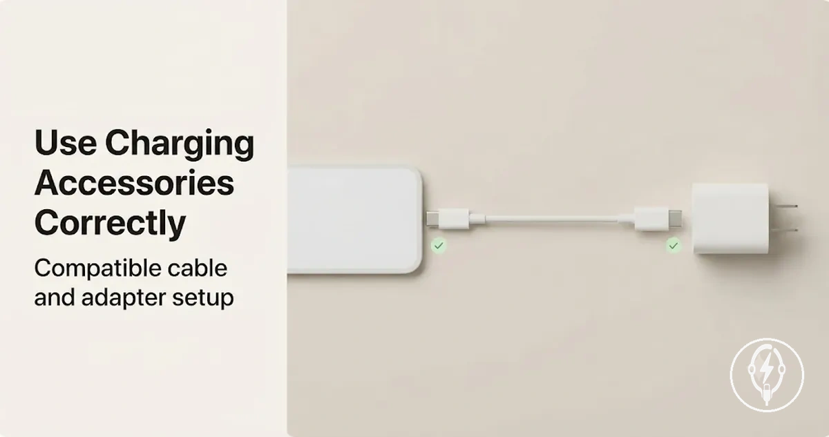 Correct use of iPhone charging accessories with a compatible cable and adapter setup