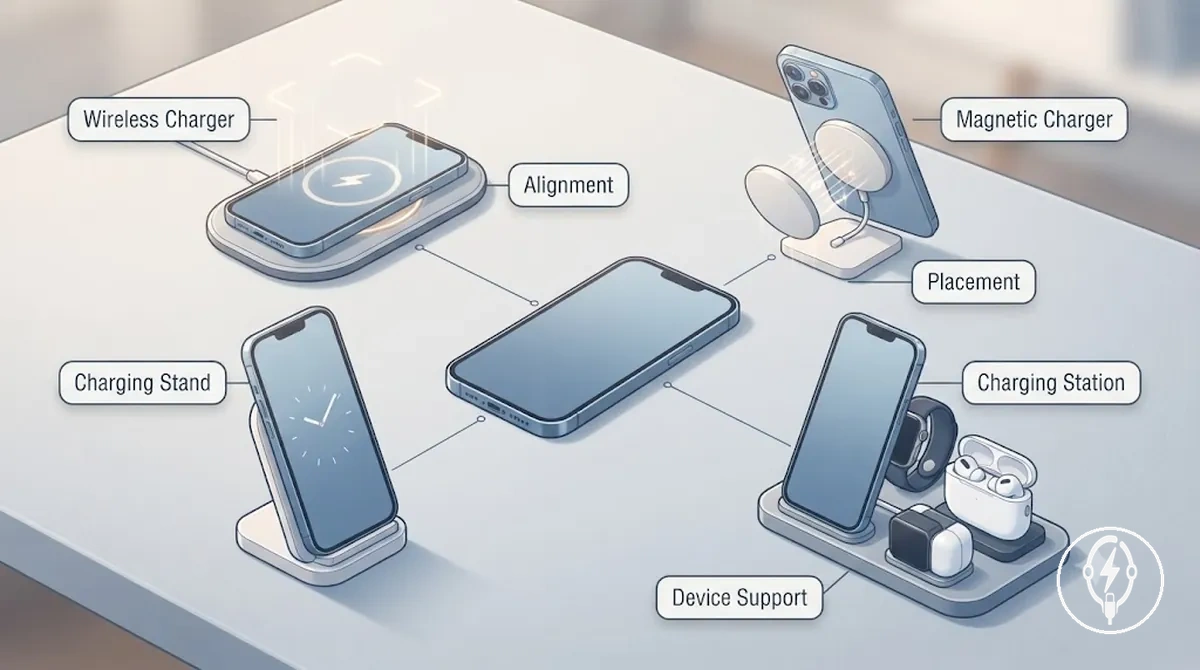 Wireless charging pad, magnetic charger, charging stand, and charging station for fixed iPhone charging locations