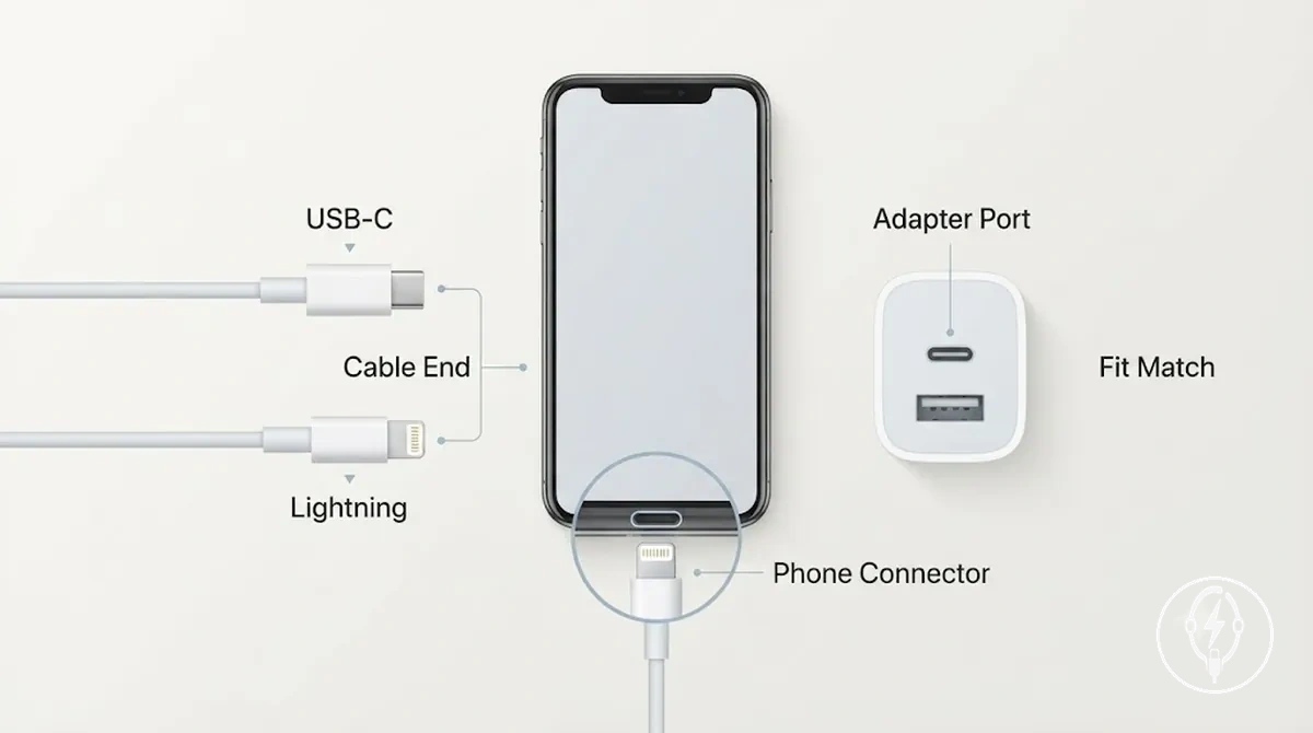 USB-C cable end, Lightning cable end, iPhone connector area, and adapter-side connector fit comparison