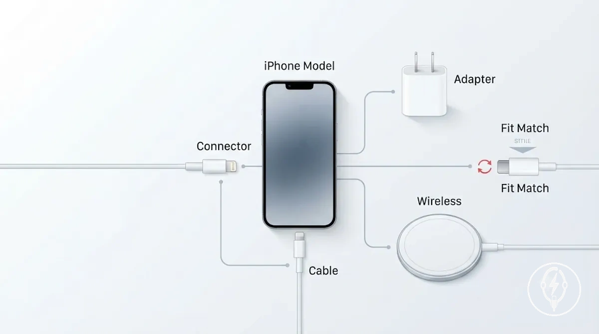 Compatibility factors that change the right choice showing iPhone model, connector, cable, adapter, wireless standard, and charging pathway