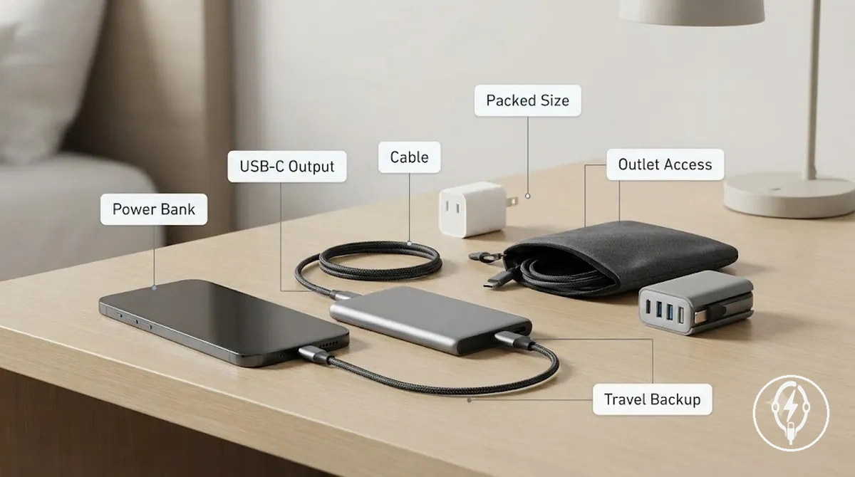 Portable power bank providing backup charging during travel when wall outlet access is limited