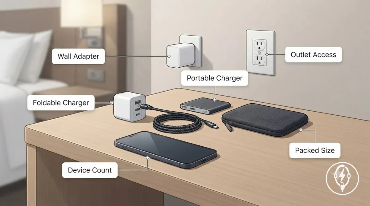 Travel charging setup with a compact wall adapter, foldable charger, charging cable and portable charger for hotel use
