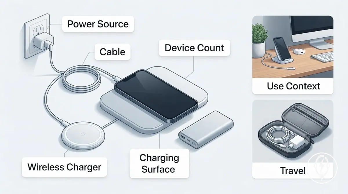 iPhone charging setup showing a charger, cable, wireless charger and charging surface