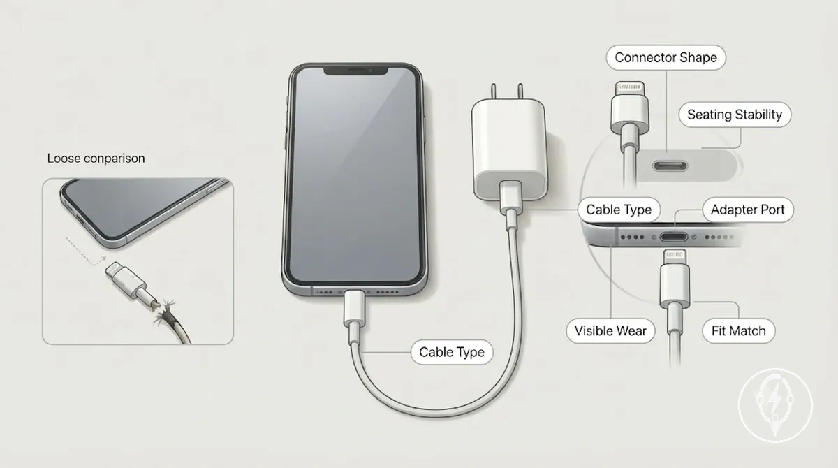 Annotated close-up of an iPhone charging cable, connector, adapter port, seated fit, and visible wear checks