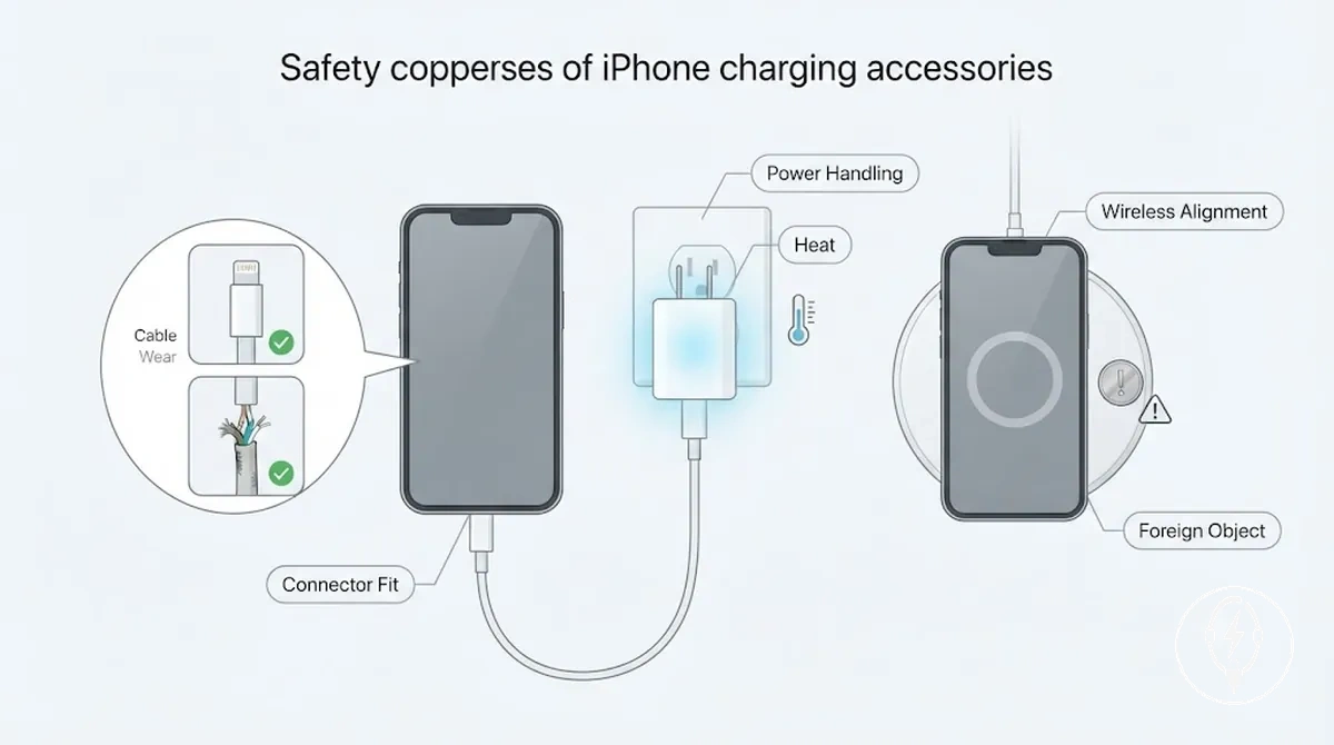 Comparison of safety checks for iPhone charging cables, wall adapters, and wireless chargers