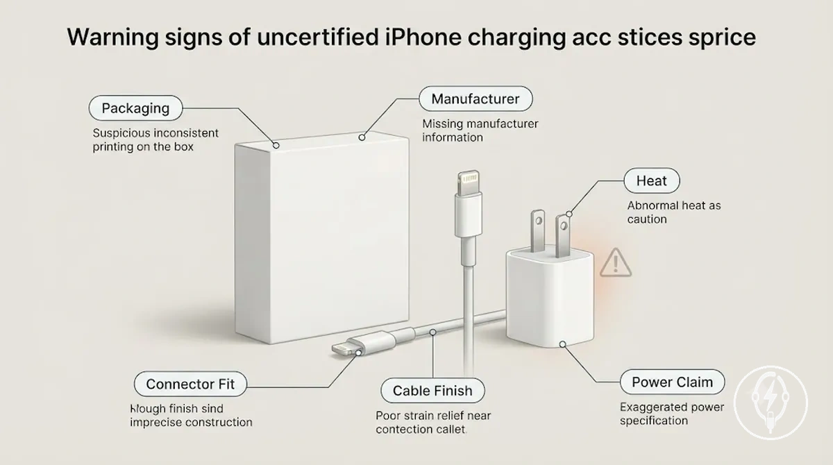 Annotated iPhone charging cable and adapter showing common warning signs of uncertified or counterfeit accessories