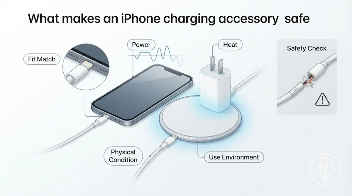 Compatible iPhone charging cable, adapter and wireless charger used safely