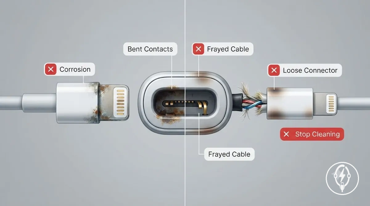 Damaged and corroded iPhone charging accessory contacts showing replacement limits