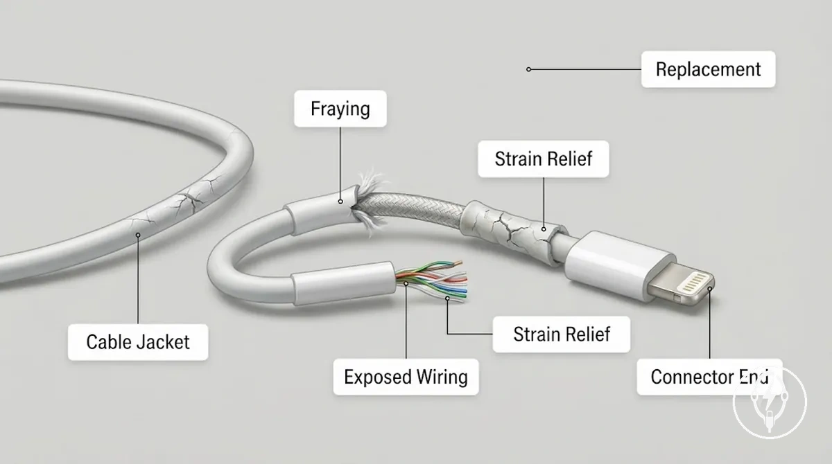 Close-up of frayed iPhone charging cable with bent strain relief and exposed wiring