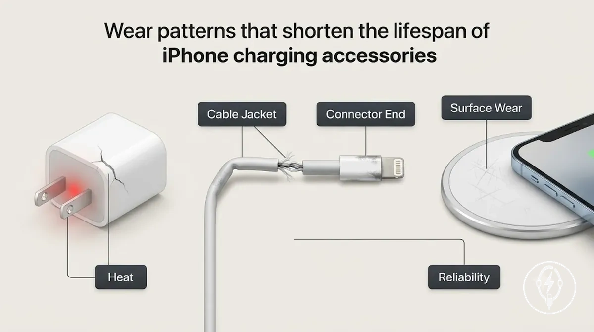 Labelled wear patterns on iPhone charging cable, adapter, and wireless charger