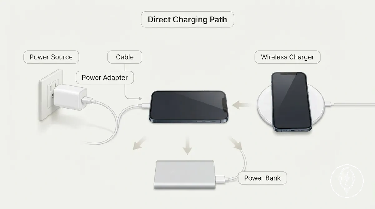 Cable, power adapter, wireless charger, and power bank forming a direct iPhone charging path