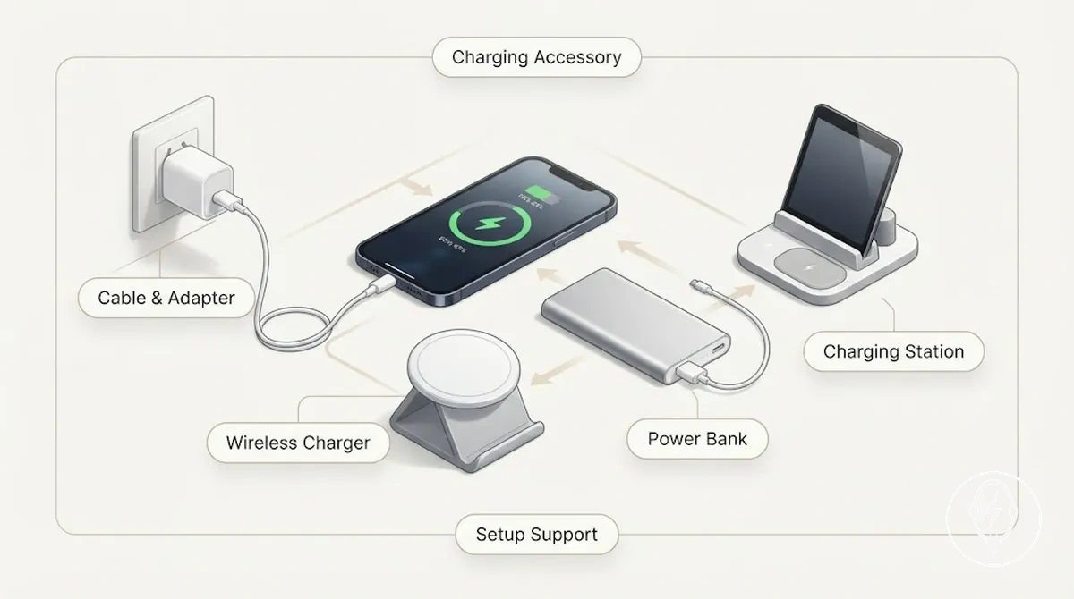Core iPhone charging accessories grouped by charging role and charging method
