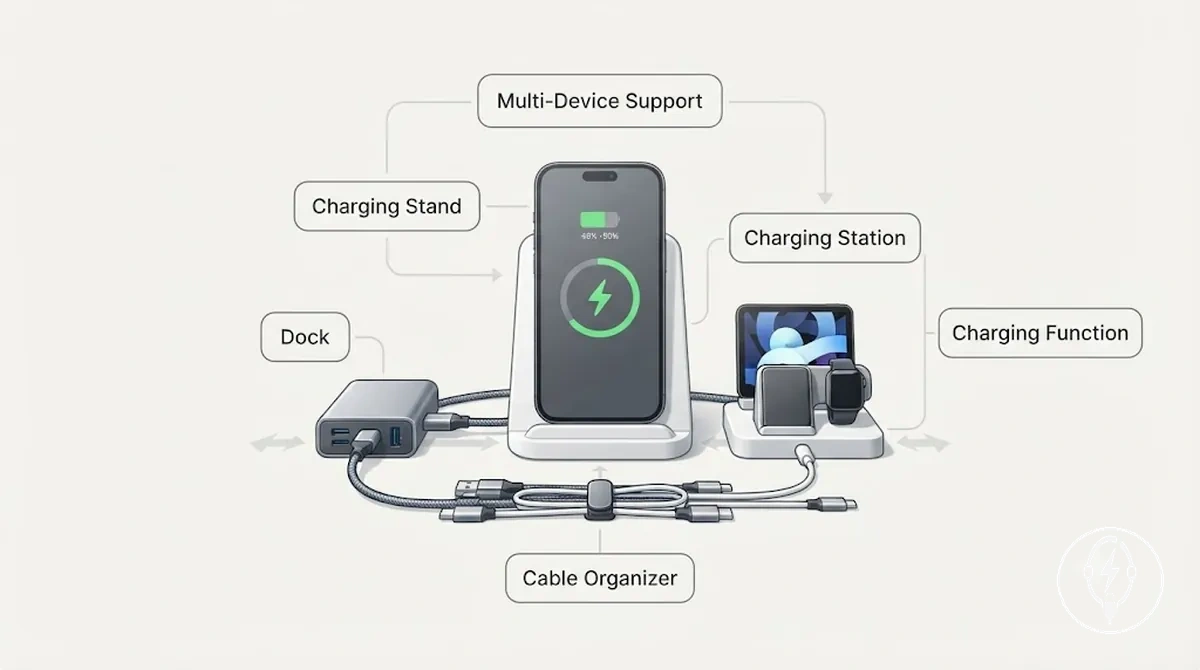Charging stand, dock, charging station, cable organizer, and iPhone positioned for charging