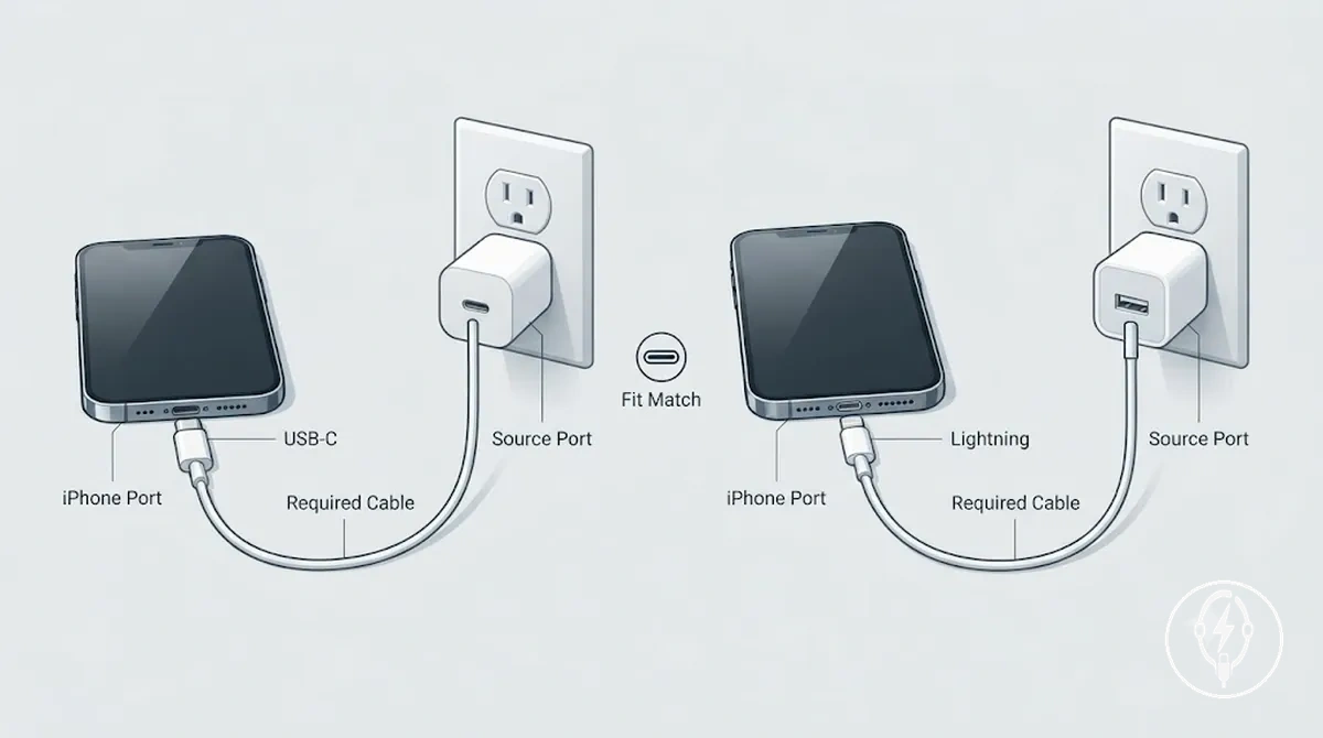 Comparison of USB-C and Lightning connector types by iPhone model and port