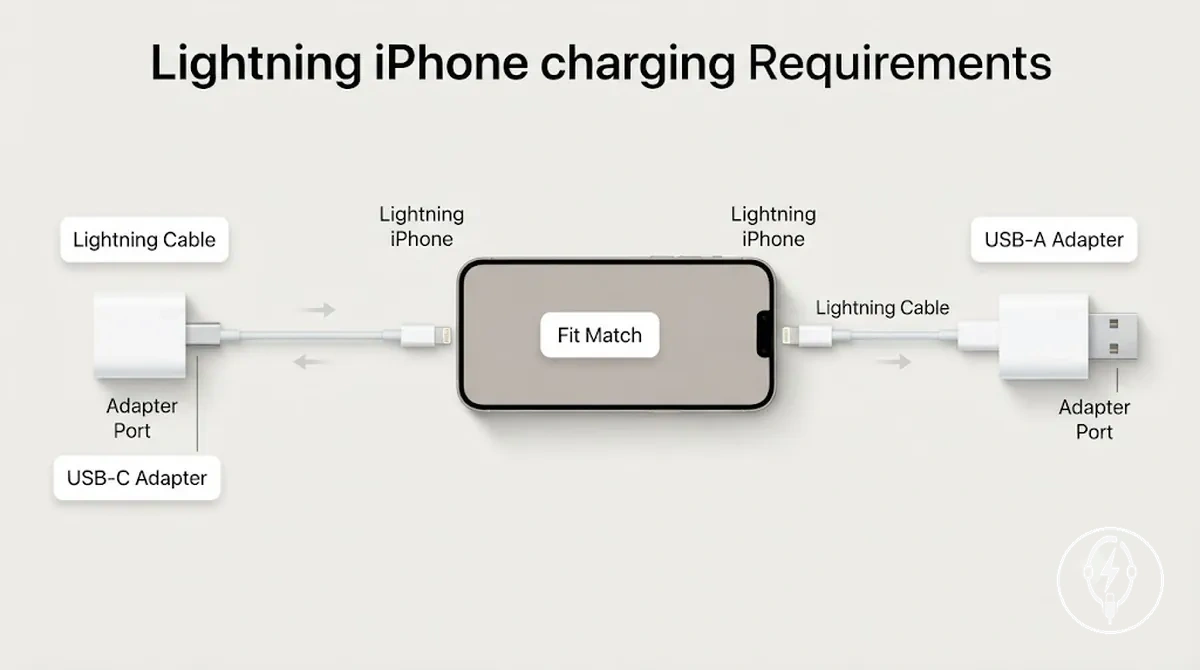 Comparison graphic of Lightning iPhone charging cable paths to USB-C and USB-A adapters