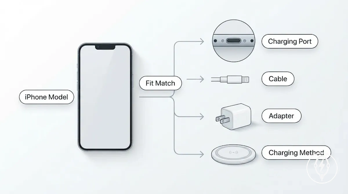 Diagram showing iPhone charger compatibility dependencies between phone, cable, adapter and charging method