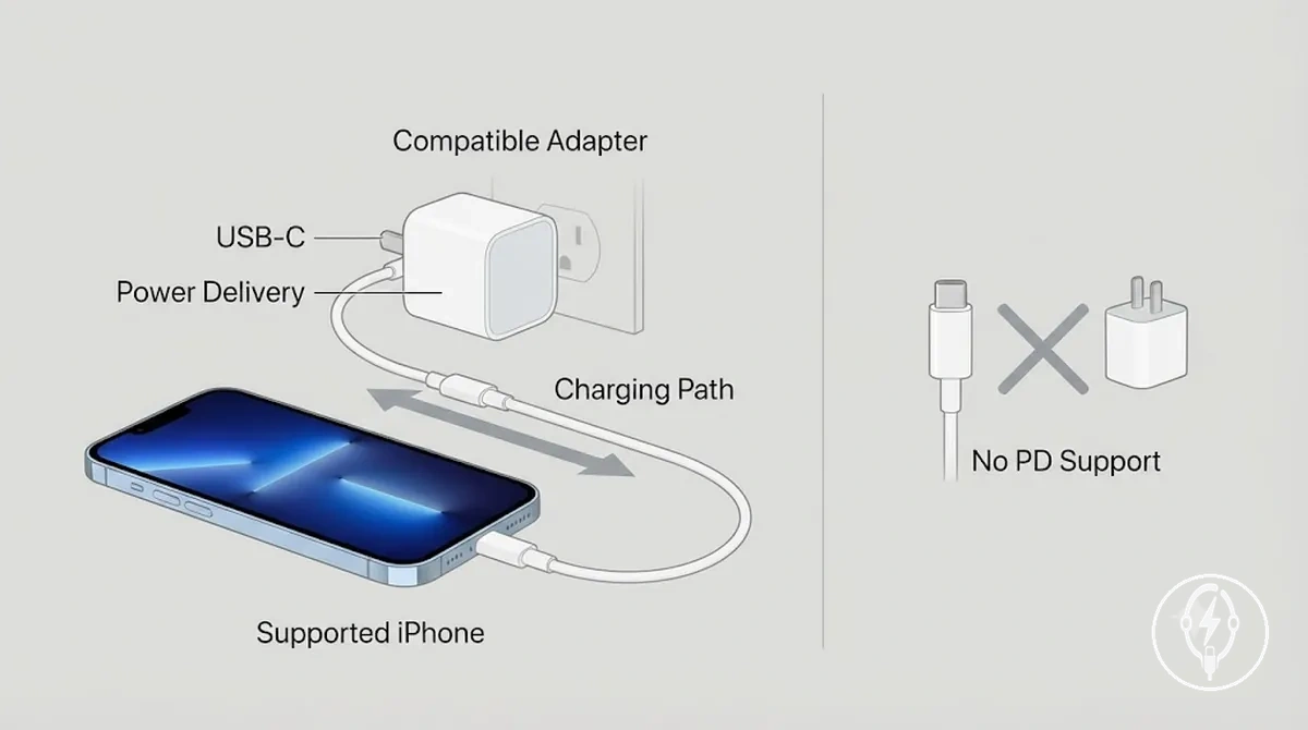 USB-C Power Delivery support shown on iPhone charger and cable setup