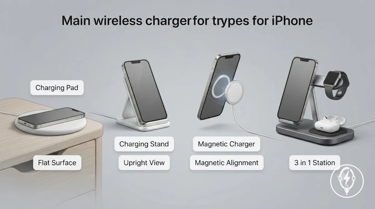 wireless charger types for iPhone showing pad stand magnetic charger and 3 in 1 station