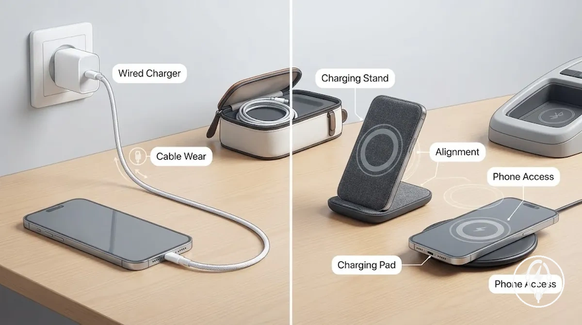 Wired cable and wireless stand iPhone charging placement compared