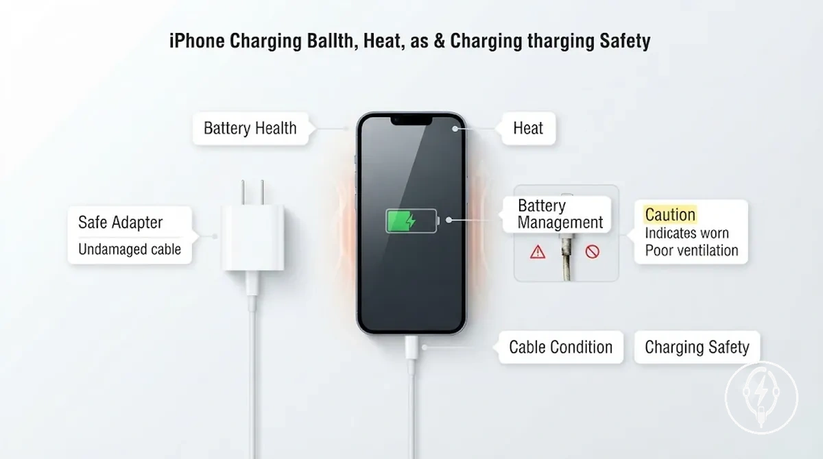 Annotated iPhone charging setup showing heat battery health and charging safety conditions