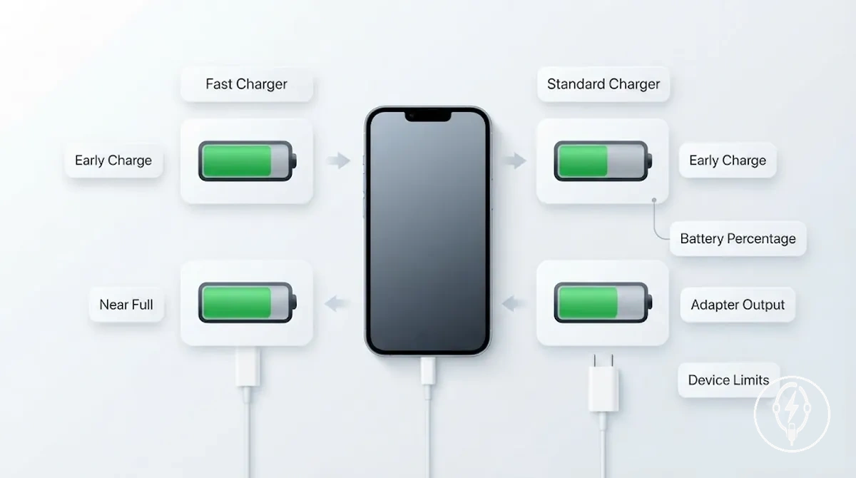 Diagram comparing fast and standard iPhone charging speed behavior in real use