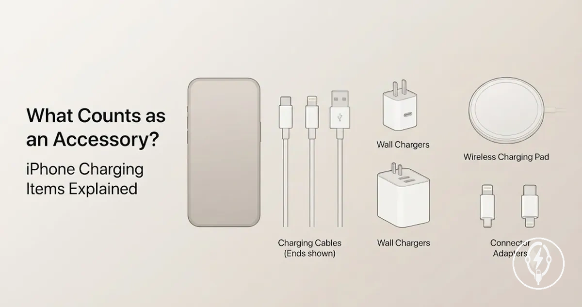 Different items that count as iPhone charging accessories shown together