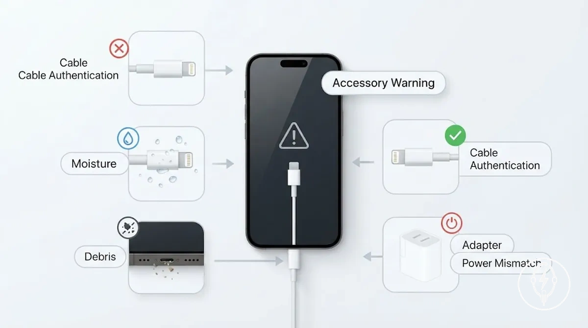iPhone mostrando un aviso de carga de accesorio no compatible o de demasiada energía