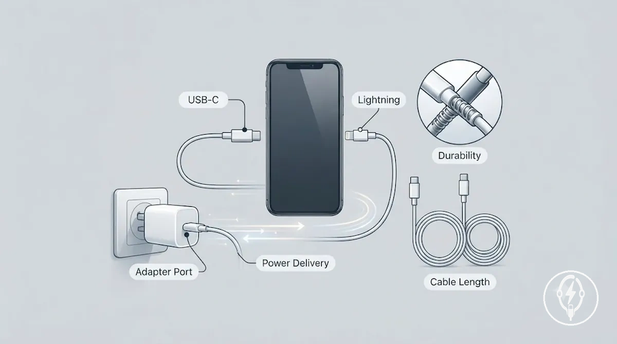 Cables de carga USB-C y Lightning con adaptadores de alimentación USB compatibles para la carga por cable del iPhone