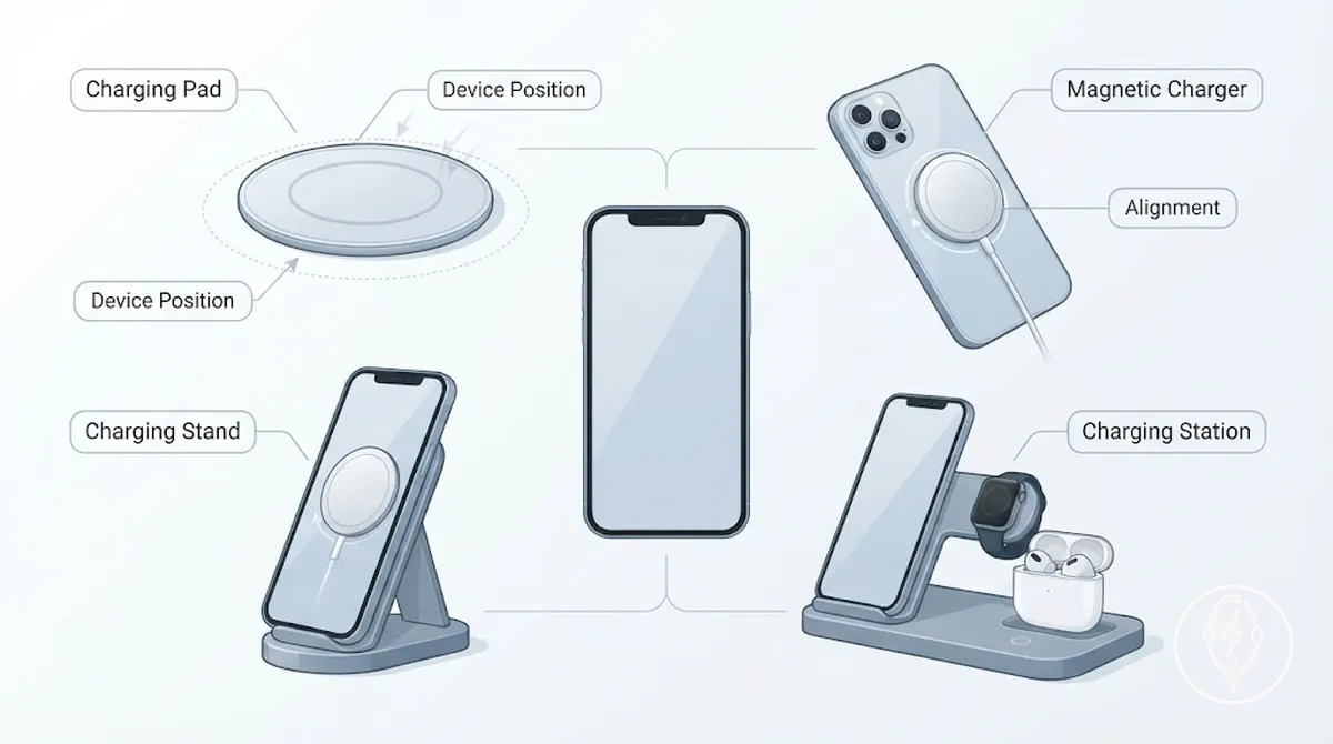Accesorios de carga inalámbrica para iPhone que incluyen almohadilla, cargador magnético, soporte y estación