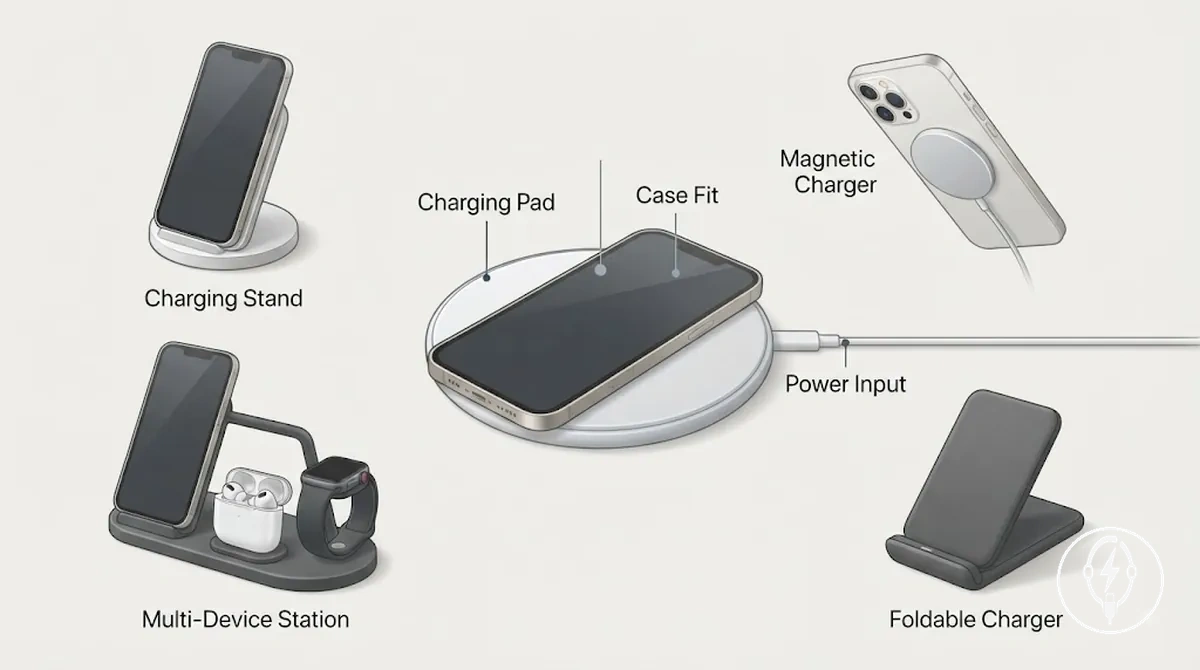 Accesorios de carga inalámbrica para iPhone que incluyen base, soporte, cargador magnético y estación de carga