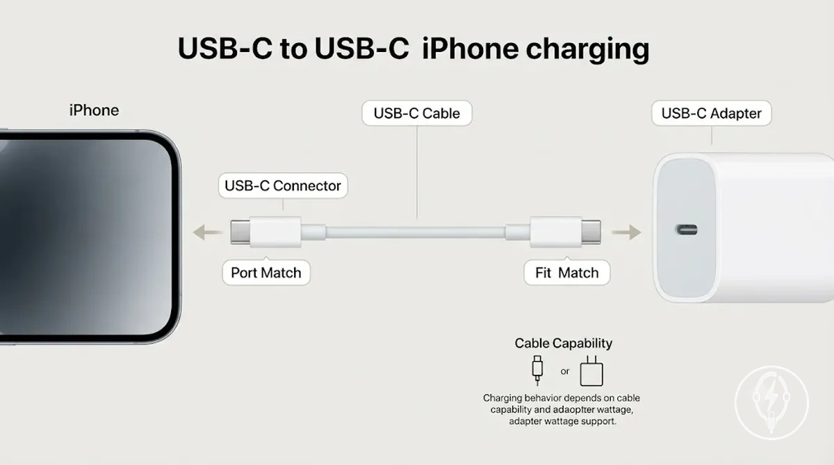 Diagrama que muestra el ajuste del cable USB-C a USB-C entre el iPhone y el adaptador USB-C