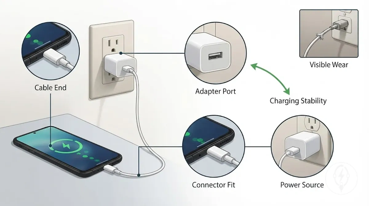 Comprobación del cable, el adaptador, el conector y la fuente de alimentación antes de cargar un iPhone