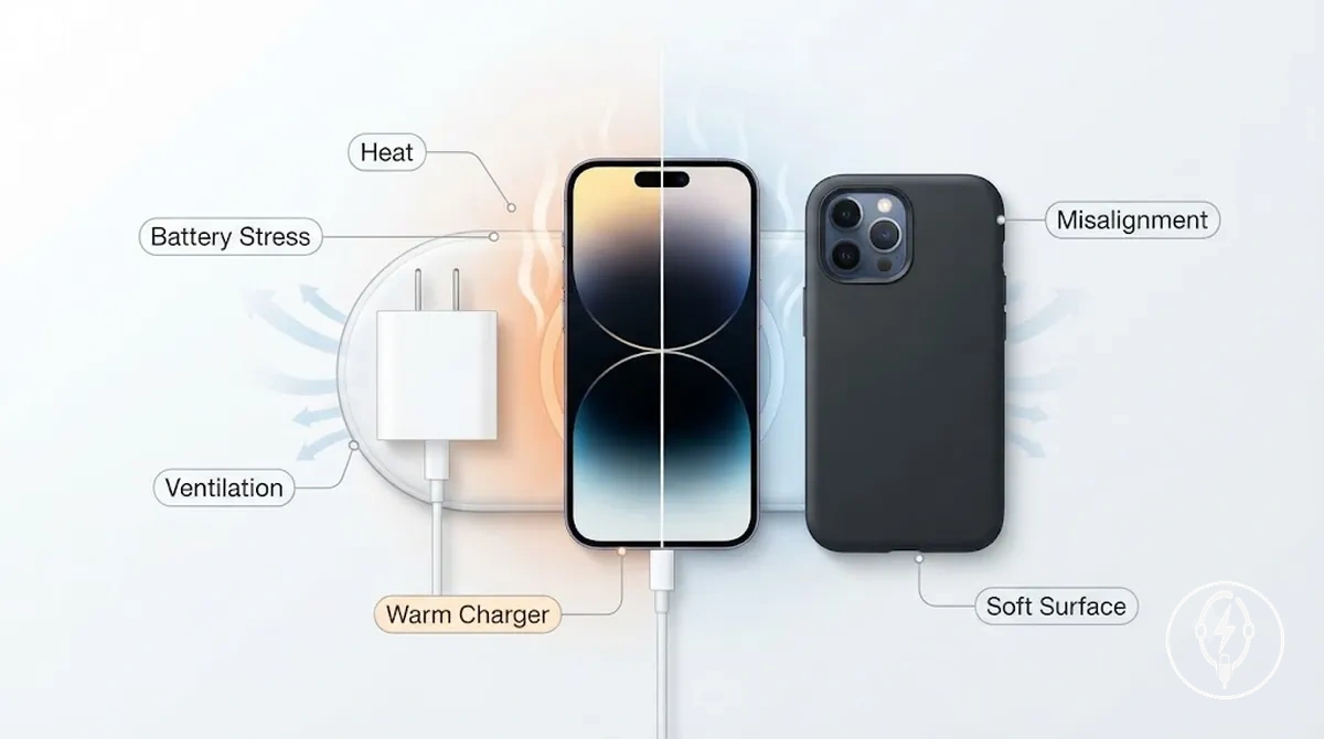 Configuración de carga de iPhone que ilustra la gestión del calor y el estrés de la batería durante la carga