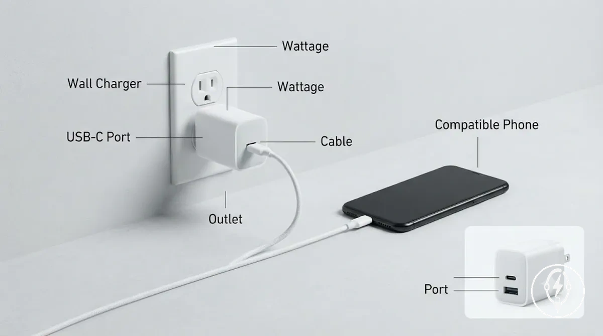 Cargador de pared de carga rápida conectado a una toma de corriente con cable USB-C, puerto de carga, etiqueta de potencia y teléfono compatible