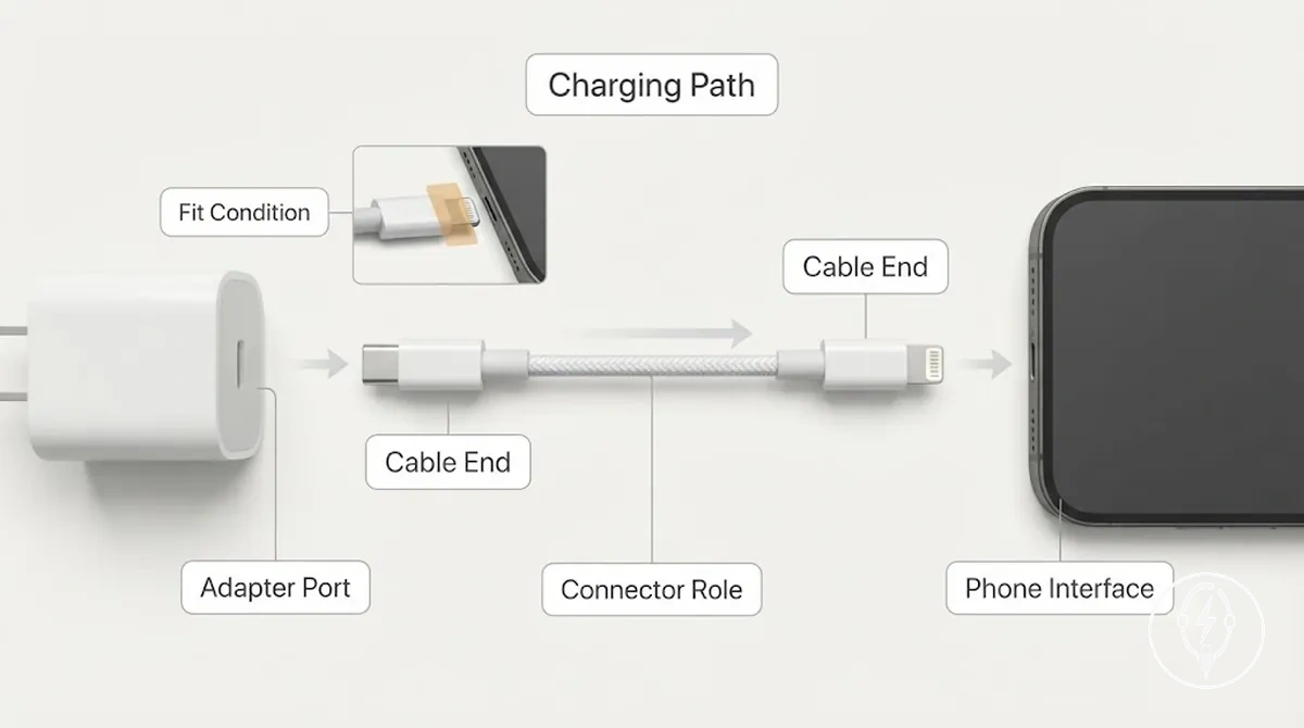 Extremos de cable, puertos de adaptador y funciones de conector en una configuración de carga para iPhone