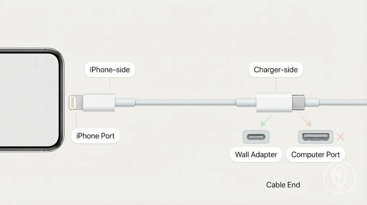 Cable de carga para iPhone anotado que muestra el extremo del lado del iPhone y el extremo del lado del cargador con puertos coincidentes
