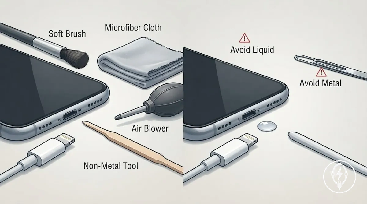 Herramientas seguras e inseguras para limpiar el puerto de carga y el conector del iPhone
